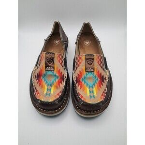 Ariat Brown Leather Loafers with Southwestern Multicolor Pattern